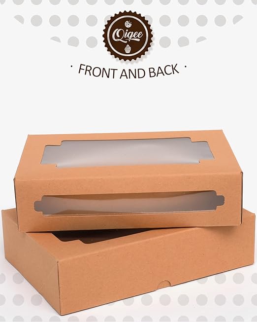 qiqee 50Packs Auto-pop up Kraft Cookie Boxes for Gift Giving 8x5.3x2 inch Brown Treat Box with Window One Second Folding Bakery Box for Donuts Candies and Biscuit
