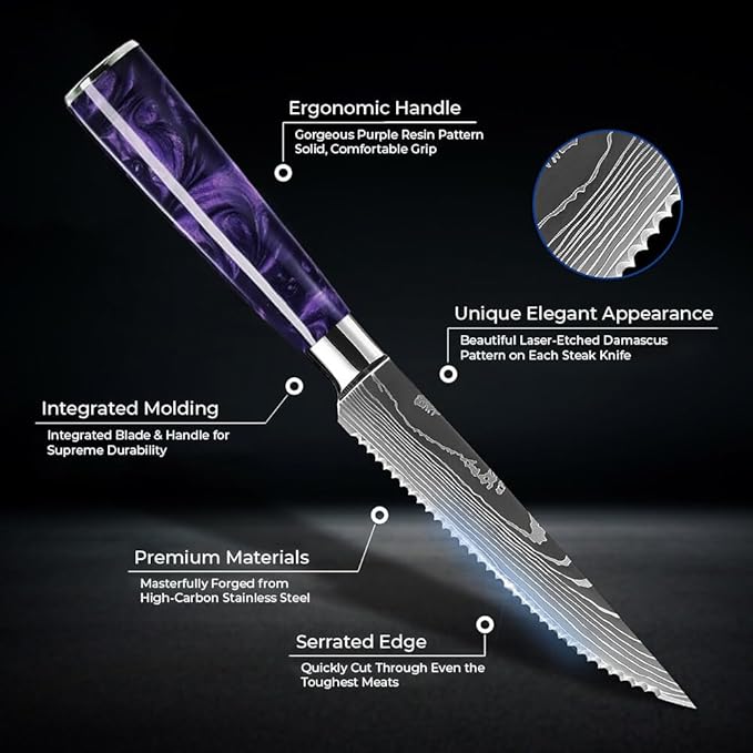 SENKEN Professional Steak Knife Set with Engraved Damascus Pattern, Razor Sharp Blade, High Carbon Steel with Gift Box (Amethyst Purple, Steak Knives Set of 6)