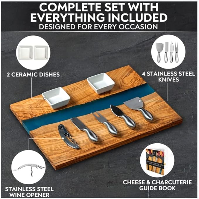 Handcrafted Italian Olive Wood Cheese & Charcuterie Board Set with Unique Blue Resin Artwork - Cutting Board Comes with 4 Cheese Knives, 2 Dipping Bowls & Corkscrew Wine Opener (Blue)