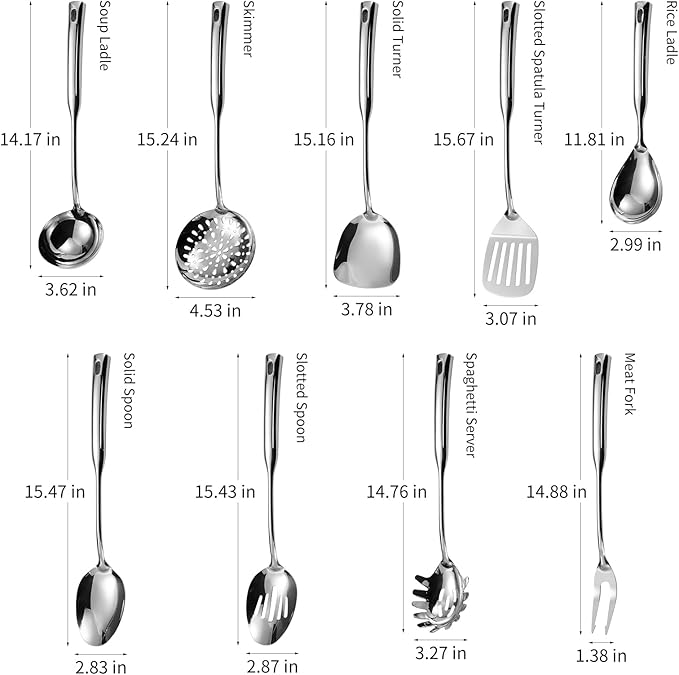 304 Stainless Steel Kitchen Cooking Utensils Set - 9 PCS Serving Utensils, Include Skimmer, Soup Ladle, Spaghetti Server, Wok Spatula, Slotted & Solid Spoon, Slotted Spatula Turner, Meat Fork (Silver）