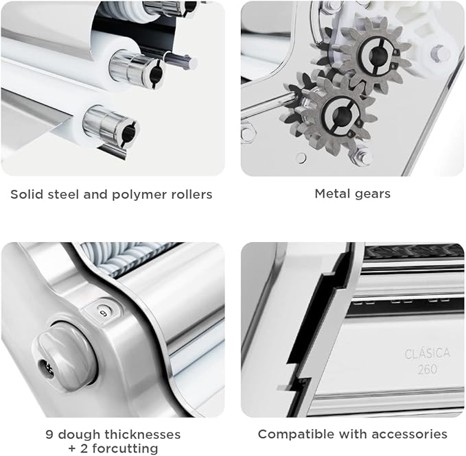 PASTALINDA Classic 260 Pasta Maker Machine, 26 cm Wide Rollers, 9 Thickness Positions, 2 Cutting Positions, Stainless Steel. Includes Reinforced Hand Crank And Two Clamps (Chrome)