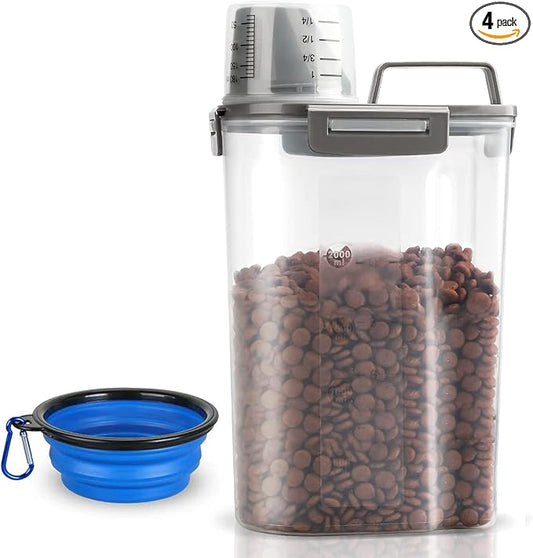 Upgraded Dog Food Storage Container Small, Cat Food Container Airtight, Pet Food Container Dispenser with Pour Spout, Measuring Cup and 4 Seal Buckles for Dogs, Cats, Birds (Grey)