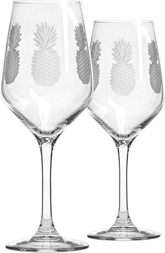 Rolf Glass Fresh Pineapple White Wine Glass | 10.75oz | Lead-Free and Diamond-Wheel Engraved | Made in the USA | Tropical Glassware with Etched Pineapple Design | Set of 2