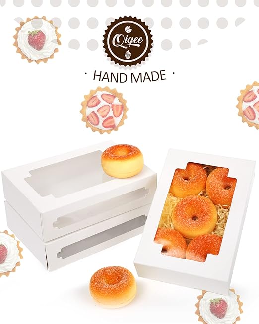 qiqee 36Packs Auto-pop Cookie Boxes for Gift Giving 8x5.3x2 inch White One Second Folding Treat Box with Window Bakery Box for Donuts Candies and Biscuit