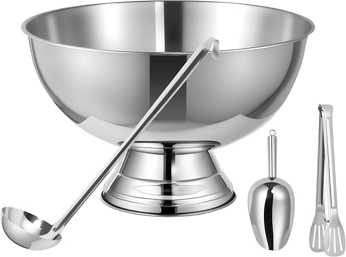 12L Silver Large Ice Bucket for Parties - 16"x16"x10" Huge Punch Bowl with Ladle - Stainless Steel Bucket for Cocktail Bar - Lightweight Champagne Bucket with Scoop