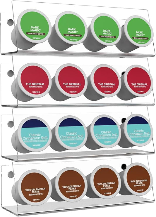 K Cup Holders, Acrylic Coffee Pods Organizer Stand Magnetic & Self-Adhesive for Kitchen Wall, Cabinet, Fridge (4 Pack for 16 Pods)