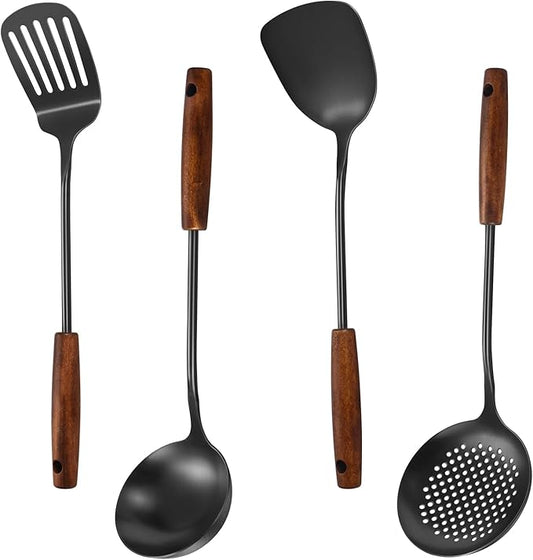 304 Stainless Steel Kitchen Utensils Set, 4 Pcs Long Cooking Utensils Set with Wooden Handle, Large Heat Resistant Kitchen Tools(Black, Dishwasher Safe)