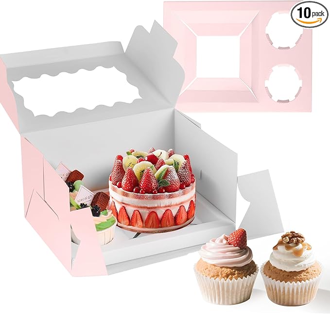 Pink 10 Packs cajas para postres and Cupcake Box 3 Holes Fit 2 Cupcakes and 1 Mini Cake Box with Clear Window and Stickers for Wedding Birthday Party Bakery pastry boxes(Pink, 1+2(10Pack))