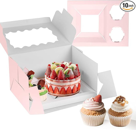 Pink 10 Packs cajas para postres and Cupcake Box 3 Holes Fit 2 Cupcakes and 1 Mini Cake Box with Clear Window and Stickers for Wedding Birthday Party Bakery pastry boxes(Pink, 1+2(10Pack))