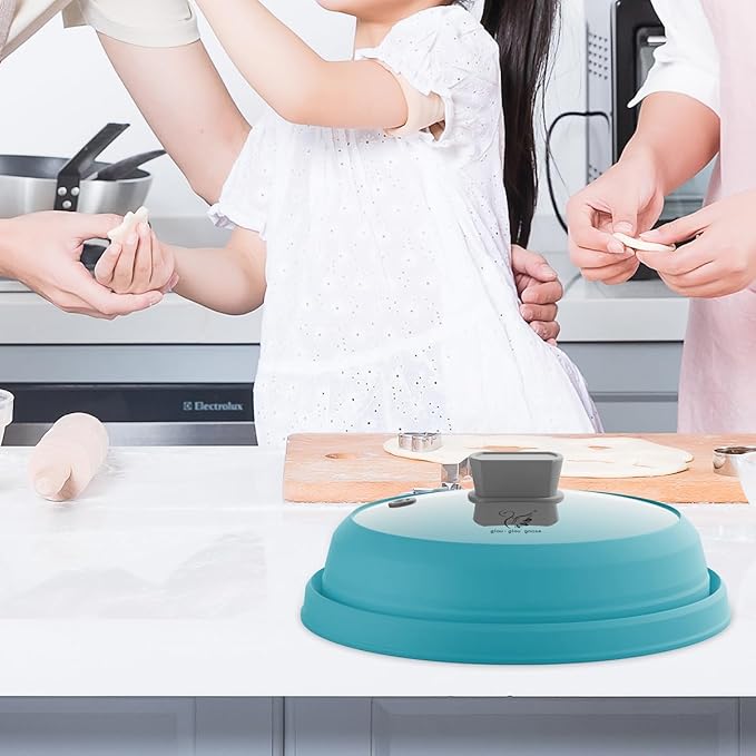 Microwave Splatter Cover Glass Cover Splatter Guard Lid with Collapsible Silicone for Food Cover Plate Cover 11.8 inch Blue