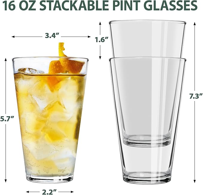 Pint Glasses Set of 6-16 oz Drinking Glasses, Beer Glasses, Tall Glass Cups for Cocktails, Juice & Water - Heavy Duty, Durable, Dishwasher Safe - Perfect for Home, Bar & Kitchen Use