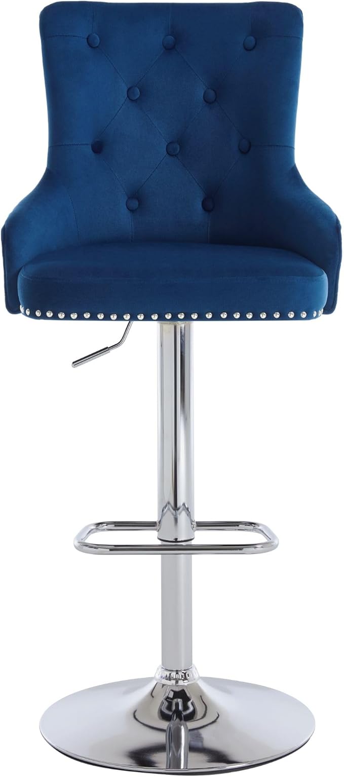 Velvet Lion Bar Stools Set of 6, Modern Height Adjustable Swivel Barstools with Chrome Base, Tufted Counter Height Bar Stools Upholstered Bar Chairs for Kitchen Island, Dining Room, Blue