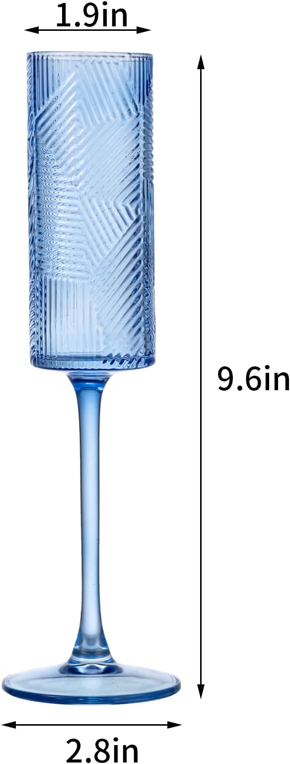 6 Pieces Blue Champagne Flutes,6 OZ Twill Pattern Striped Vintage Stem Glasses Stemware Wine Glasses Champagne Long Stem Drinking Colored Glasses Goblets for Wedding Cocktail Cups,Cava, Prosecco