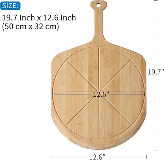 12.6” Bamboo Pizza Peel - Lightweight Smooth Wooden Pizza Paddle and Pizza Cutting Board with 8 Slice Grooves, Outdoor Pizza Oven Accessories, 19.7 Inch x 12.6 Inch
