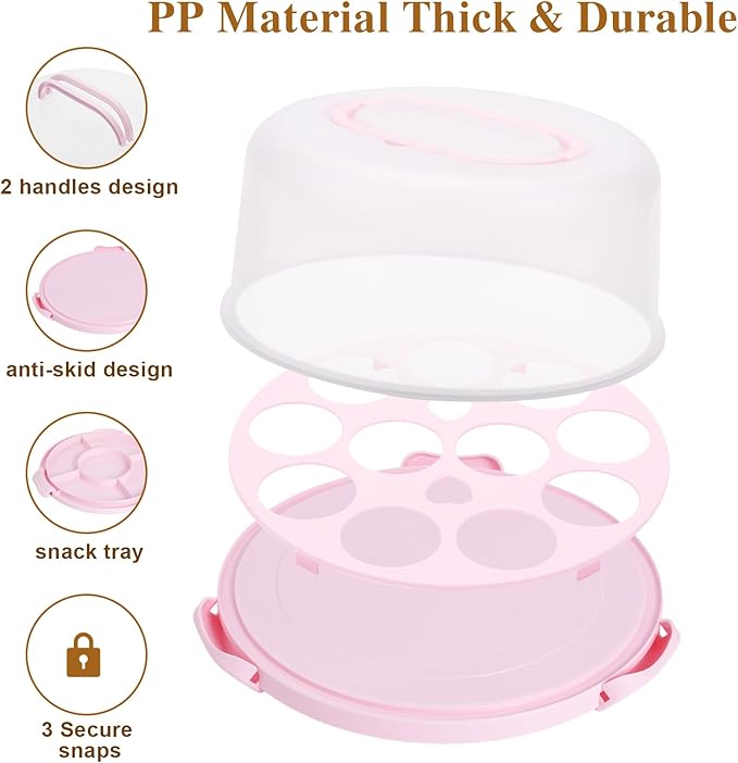 Cake Carrier with Lid and Handle, Cake Container Cupcake Holder for 10 inch Cake with 2 Handles Cupcake Carriers - Cover Two Sided Base for Transport Storage Pies Nuts, Pink Round Cake Stand