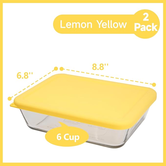 6 Cup Rectangle Silicone Storage Cover Lids Replacement for Anchor Hocking Glass Bowls (Container not Included) 2 Pack, Microwave, Dishwasher and Freezer Safe