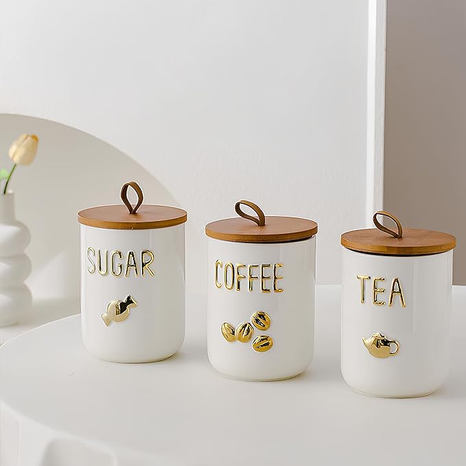 Comeon Ceramic Canister Set with Airtight Seal Bamboo Lid Silicone, 27oz Food Storage Jars for Coffee Sugar Tea, Container Set for Kitchen Pantry Counter Decor (Tea)