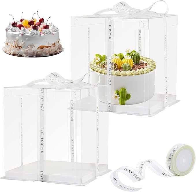 8 Pcs Clear Cake Box with Ribbon 2-Layer 10x10x9 Inch.PET Cake Carrier Transport Container for Tiered Cakes, Transparent Gift Display Boxes with Lid for Halloween.(Clear, 10*10*9inch/8pcs)