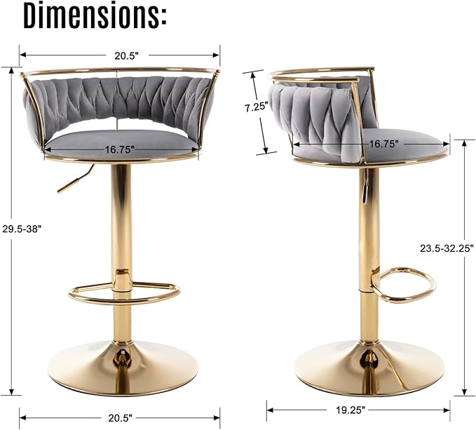 LukeAlon Modern Velvet Adjustable Barstools Set of 2, 360° Swivel Counter Stools with Golden Base Upholstered Open Back Tall Bar Chairs with Footrest for Home Pub Kitchen, Grey