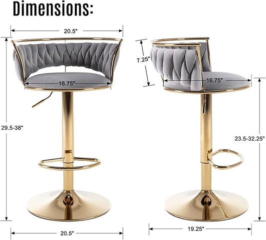 LukeAlon Modern Velvet Adjustable Barstools Set of 2, 360° Swivel Counter Stools with Golden Base Upholstered Open Back Tall Bar Chairs with Footrest for Home Pub Kitchen, Grey