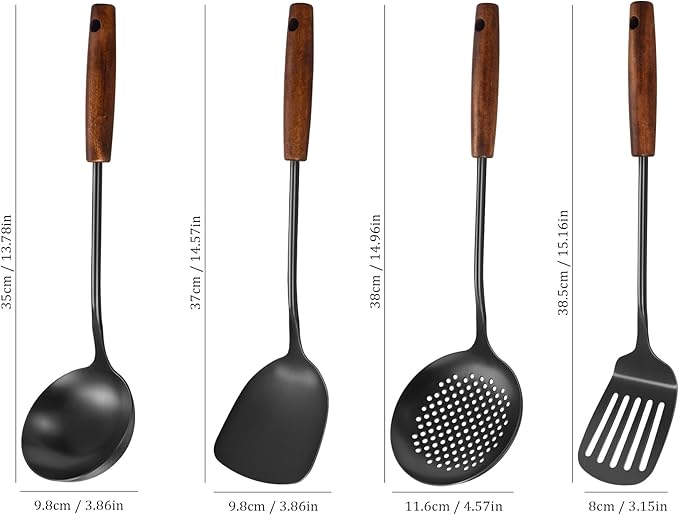 304 Stainless Steel Kitchen Utensils Set, 4 Pcs Long Cooking Utensils Set with Wooden Handle, Large Heat Resistant Kitchen Tools(Black, Dishwasher Safe)