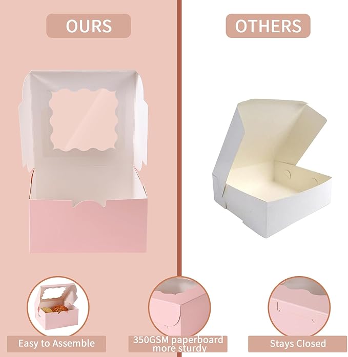 36 pcs 6x6x3 Inches Small Cake Box with Window, Bakery Pastry Cookie Boxes, Mini Pie for Pastry,Dessert,Strawberries,Chocolates, Cupcakes with paper stickers (Pink)