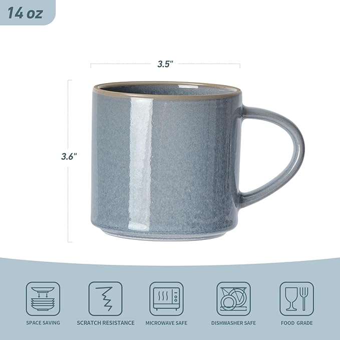 famiware Nature Coffee Mugs Set of 4, 14 oz Coffee Mug Set, Coffee Cups with Handle for Coffee, Tea, Cocoa and Milk, Microwave and Dishwasher Safe, Light Blue