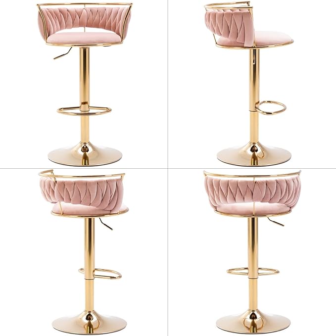 LukeAlon Modern Velvet Adjustable Barstools Set of 2, 360° Swivel Counter Stools with Golden Base Upholstered Open Back Tall Bar Chairs with Footrest for Home Pub Kitchen, Pink