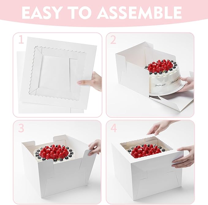 3 Pack Cake Boxes, 10x10x8 Inches Tall Cake Box with Cake Boards, White Bakery Boxes with Window, Disposable Cake Containers with Lids for Cake, Donuts, Pies, Cookies, Wedding, Birthday, Party