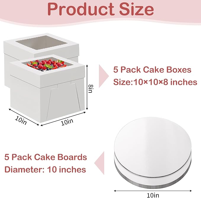 WINKIO Cake Box with Cake Boards, 5 Pack 10 Inch Disposable Cake Carrier, Cakes Transport Container, White Bakery Holder with Window (5, White, 10x10x8 In)
