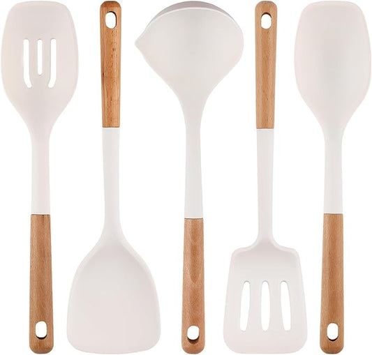 Silicone Cooking Utensils Set 5 Pcs Large Non-Stick Kitchen Utensils Set, Wooden Handle Heat Resistance Turner Soup Ladle Spoon Silicone Cooking Kitchen Gadgets BPA Free for Nonstick Cookware