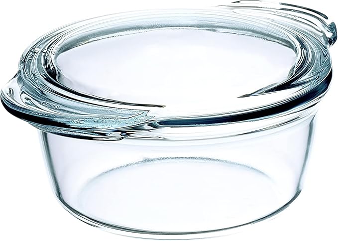 Glass Casserole Dish by Simax Clear Glass Round Casserole Dish with Lid and Handles Covered Bowl for Cooking Baking Serving etc. Microwave Dishwasher Oven and Stove Safe Cookware 1.75 Quart