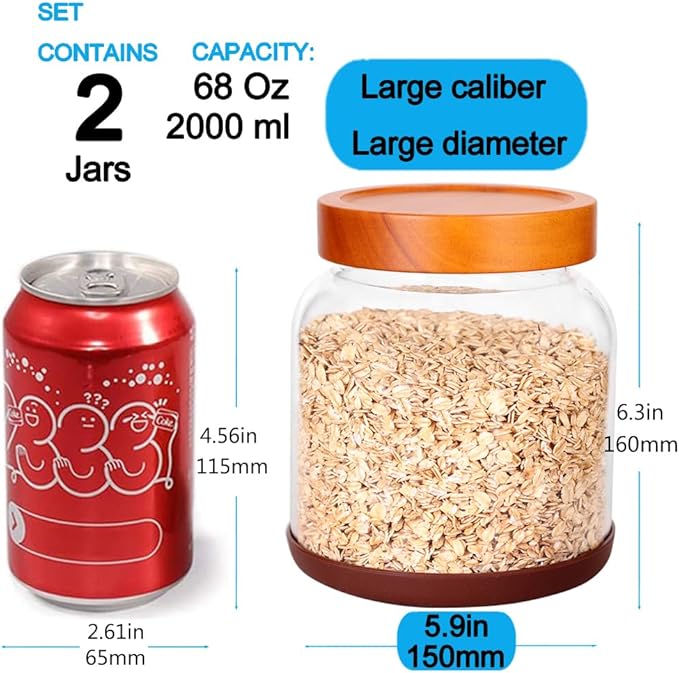 SAIOOL Large Capacity Screw Glass Food Storage Jars (Set of 2) - Diam 15cm x H16cm 2000ML Kitchen Canisters for Flour, Rice, Pasta, Leakproof Design with Yellow Wood Lid & Accessories