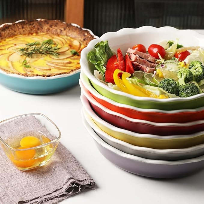 Sweejar Ceramic Pie Pan - 10 Inch Round Baking Dish for Dinner, Non-Stick with Soft Wave Edge for Apple, Pumpkin and Pot Pies (White)