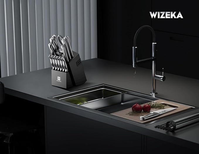 WIZEKA Kitchen Knife Set with Block: Razor Sharp 15 Pcs Professional Chef Knife Set with Knife Sharpener, Food Grade German Stainless Steel Knife Block Set, Jaguar Series