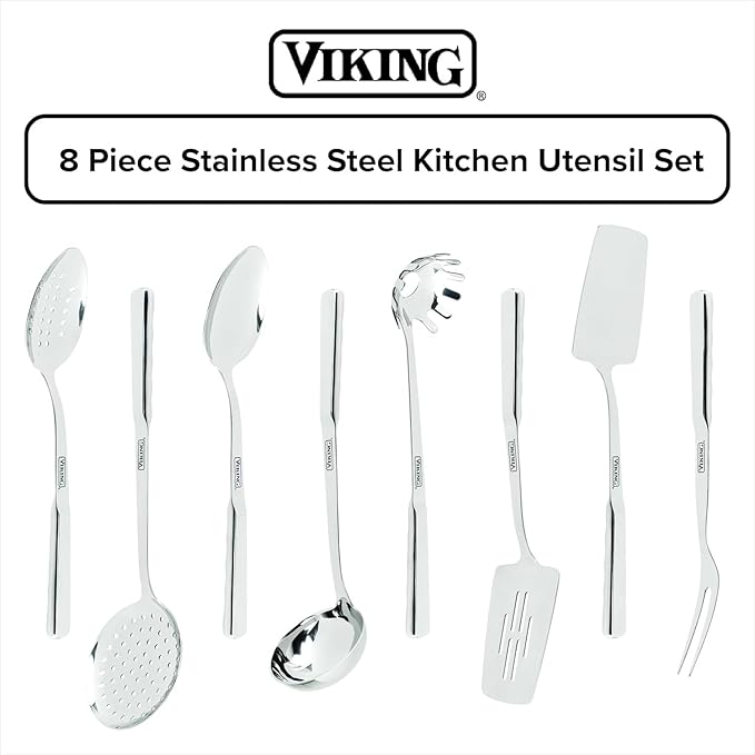 Viking Stainless Steel Kitchen Essentials Bundle – 3-Piece Cookware Set with 8 Cooking Utensils, 4.8 Qt Sauté Pan & Lid, 3.4 Qt Sauce Pan & Lid – Induction Ready, Oven & Dishwasher Safe