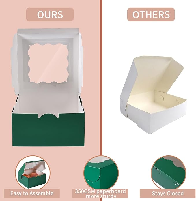 6x6x3 Inches Small Cake Box with Window, Bakery Box, Pastry Boxes, Cookie Boxes, Mini Pie Box for Pastry,Dessert,Strawberries,Chocolates, Cupcakes with paper stickers (Green/36pcs)