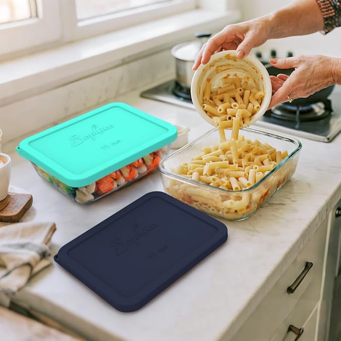 Sophico 11 Cup Rectangle Silicone Storage Cover Lids Replacement for Pyrex 7212-PC Glass Bowls, Container not Included (MINT-NAVY BLUE)