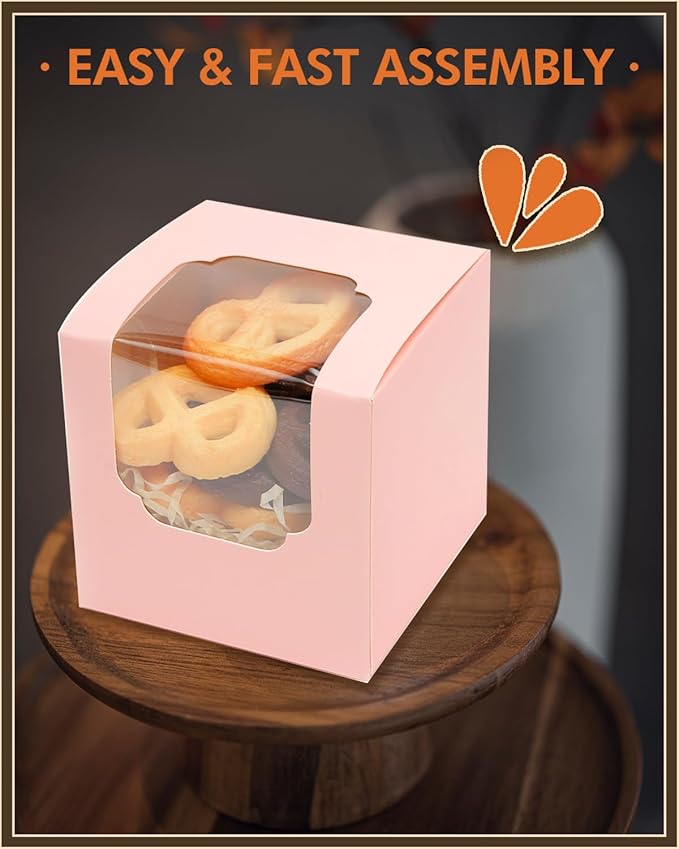 Bakepacker Auto-pop up Cupcake Boxes 30-Packs Individual Cupcake Container Pink 3.5" x 3.5" x 3.5" Single Cupcake Boxes