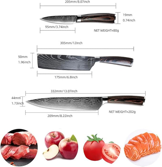 3PCS Kitchen Knife Set, Professional Japanese Chef Knives with High Carbon Stainless Steel Ultra, Sharp Aikido Knives with Ergonomic Color Wooden Handle for Cooking Meat, Fruits, Vegetables.