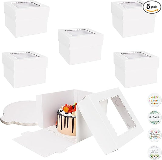 Cake Boxes with Cake Boards 5pcs 10x10x8 Inch White Bakery Box Cajas Pasteles, Tall Cake Boxes Dessert Cake Carrier for Tier Cake, Pastries, Cookies, Pie, Birthday Party Wedding Christmas