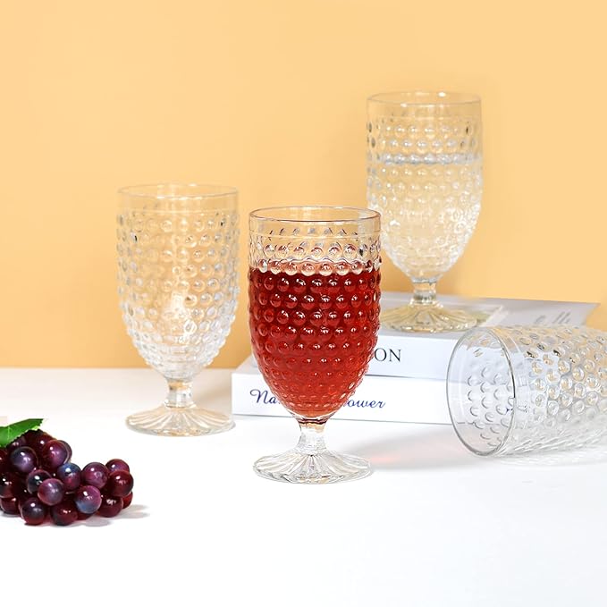 Hobnail Glass Goblets 16.9 Oz, Stemmed Water Glasses, Iced Tea Goblets, Vintage Drinking Glasses for Beverages, Set of 4 (Clear)