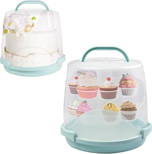 Cake Carrier Round Cake Stand Plus Height Cake Container with Cupcakes Pad, Handle, Lid Reusable Package Box for Transporting Desserts,Pie,Toast,Fruit (10" Blue)