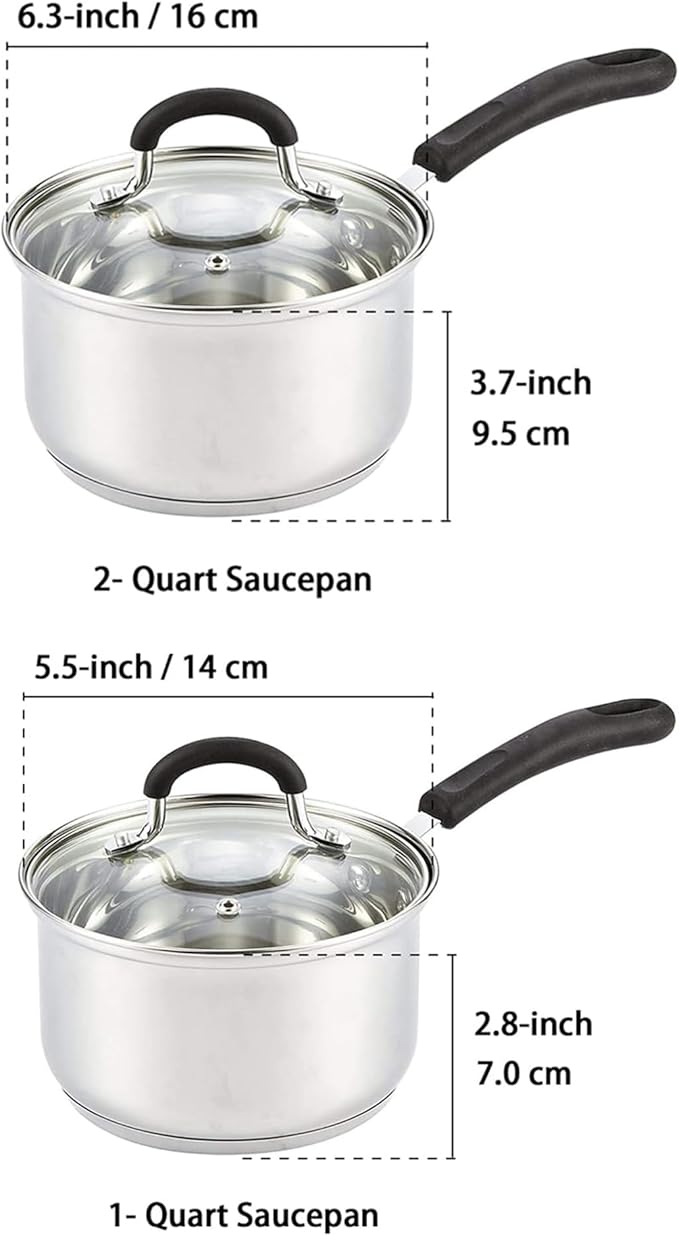 Cook N Home Saucepan Set Sauce Pot With Lid 1QT and 2QT Stainless Steel, Stay Cool Handle, silver