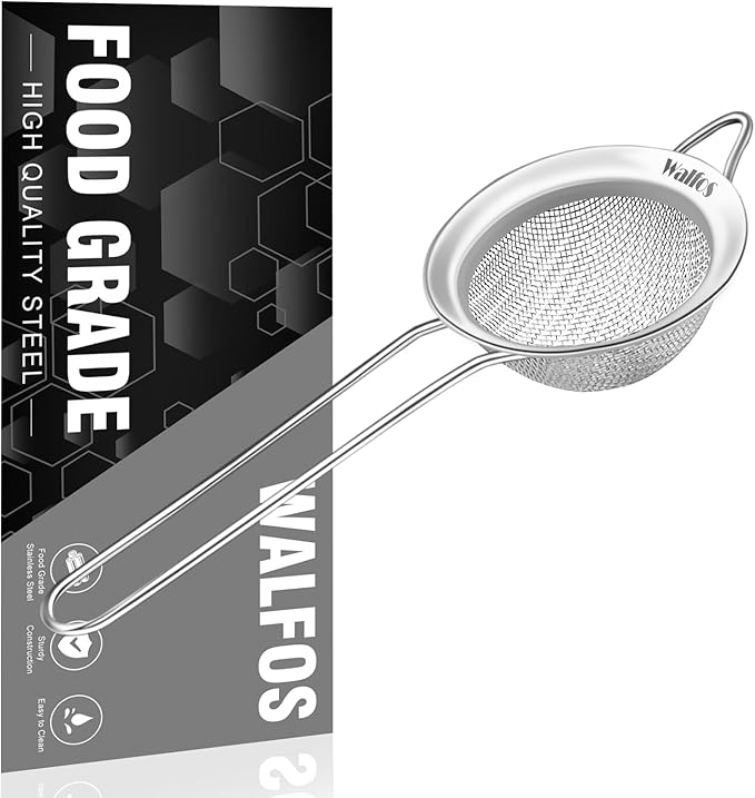 Walfos Mini Fine Mesh Tea Strainer, Stainless Steel Small Sifter with Sturdy Handle, 2.7 Inch Kitchen Metal Sieve for Tea, Coffee, Cocktail, Juice, Sugar and Spices