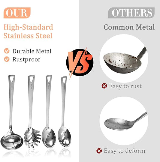 4PCS Cooking Utensils Set, Stainless Steel Kitchen Utensils Set, Durable Kitchenware Set for Cooking, Utensils Set with Slotted Serving Spoon, Spaghetti Fork, Ladle, Solid Serving Spoon