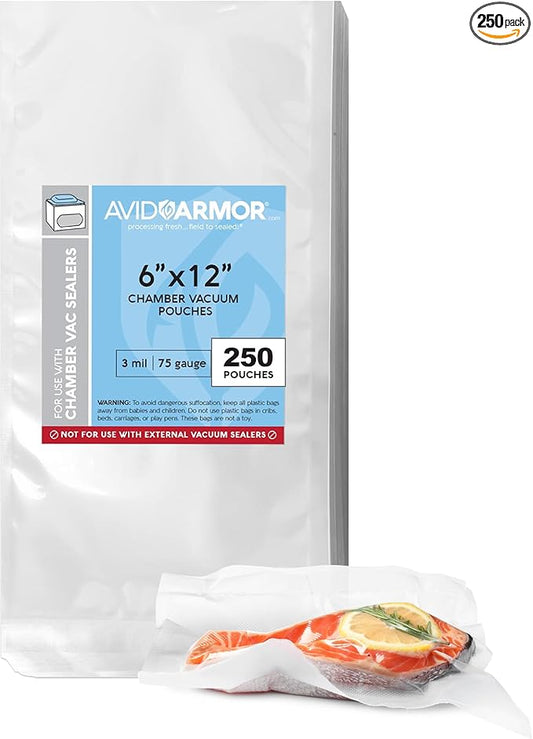 Avid Armor Chamber Vacuum Sealer Bags – Heavy Duty, BPA-Free, Pre-Cut Chamber Vacuum Bags for Food Preservation, Freezer Storage, Sous Vide and more, 250/Pack (Clear - 250, 6x12)