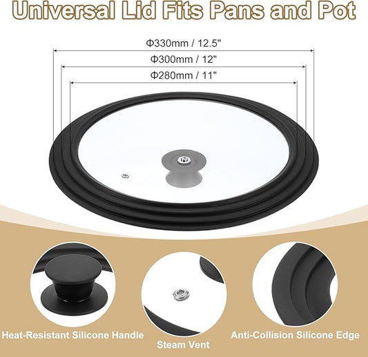 uxcell 1Pcs Universal Lid for Pot Fit 11, 12, 12.5 Inch Diameter Cookware, Replacement Pan Lids with Heat Resistant Silicone Rim, Steam Vent Pan Lid for Pots, Frying Pans, Skillets, Black