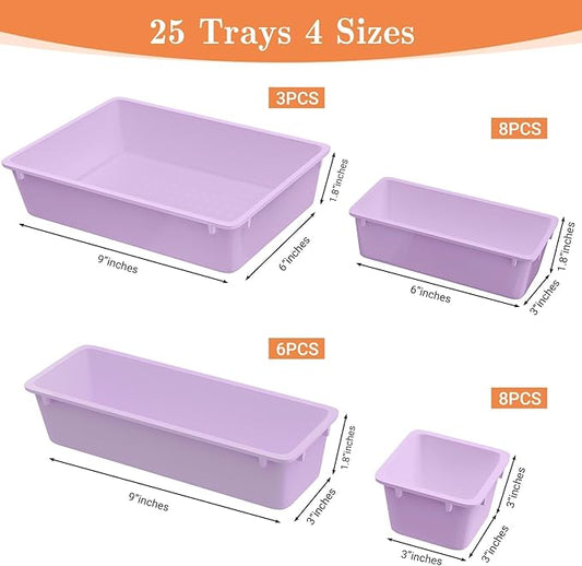25 PCS Plastic Drawer Organizer Set, 4-Size Versatile Organizer Trays & storage Bins for Makeup, Jewelry, and Gadgets in Bathroom, Bedroom and Office, Purple