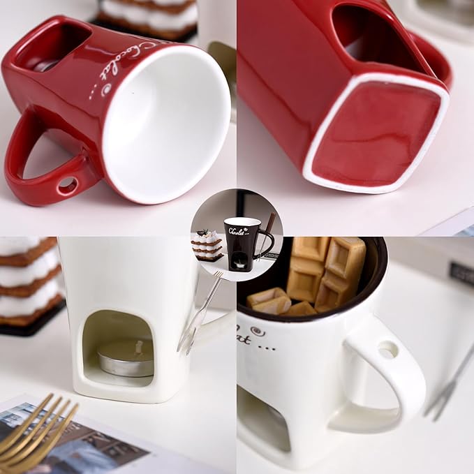 Chocolate Fondue Mug with Fork, Chocolate Fondue Cup, Personal Chocolate Melting Cup for Cheese, Ceramic Chocolate Melting Cup, Chocolate Melting Mug For Date Night Birthday Wedding Gifts (White)